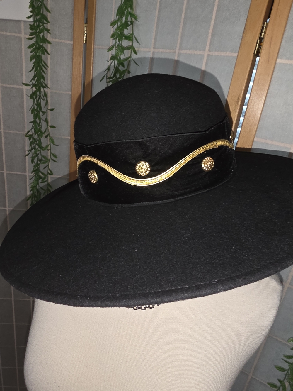 Black Wide-Brim Felt Hat with Gold Accent Trim